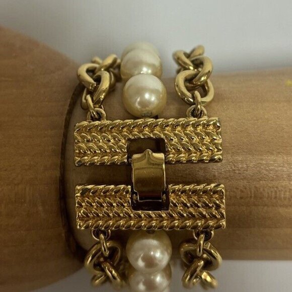 Vintage Monet Bracelet Gold Tone Chain Link Faux Pearl - Picture 4 of 4